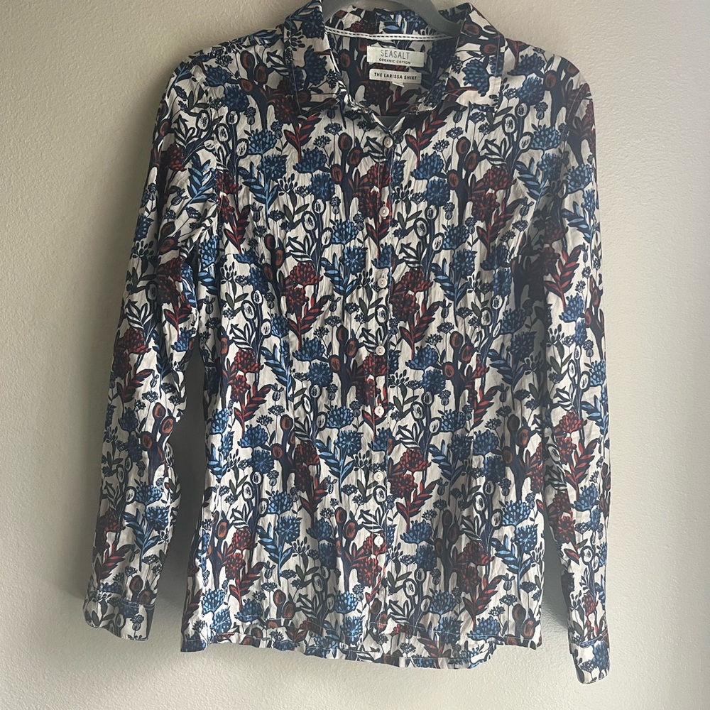 Sea-salt Organic Cotton Blue Floral Long Sleeve Button Front Shirt Women Size 8